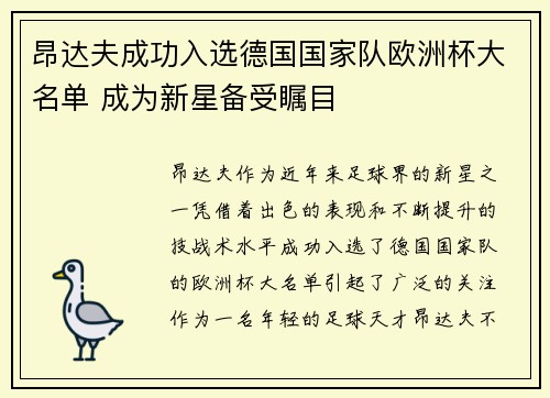 昂达夫成功入选德国国家队欧洲杯大名单 成为新星备受瞩目